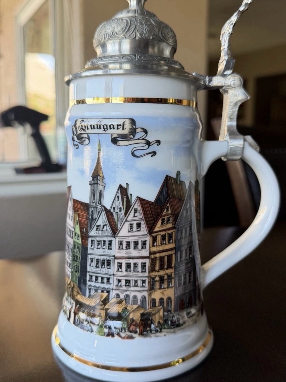 Stuttgart Decorative Porcelain Beer Stein with Pewter Lid - White & Multicolor